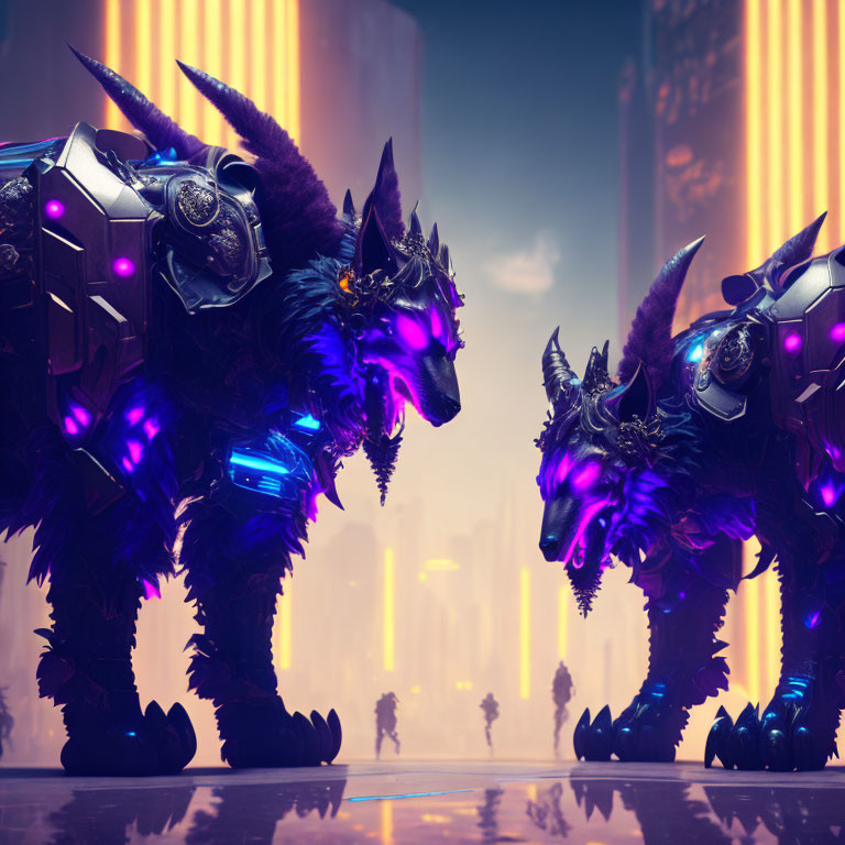 Futuristic robotic wolves with glowing purple elements in neon-lit cityscape