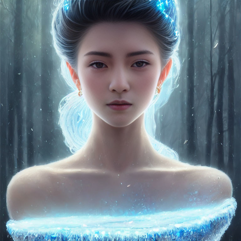 Digital portrait of young woman with ethereal glow in snowy forest.