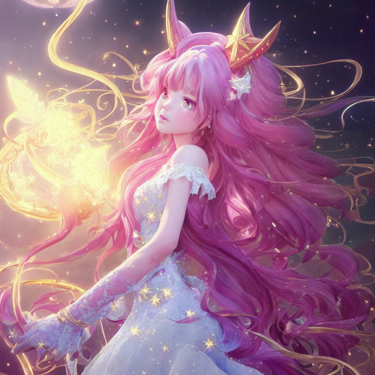 Anime-style girl with long pink hair in starry dress and glowing staff on cosmic background