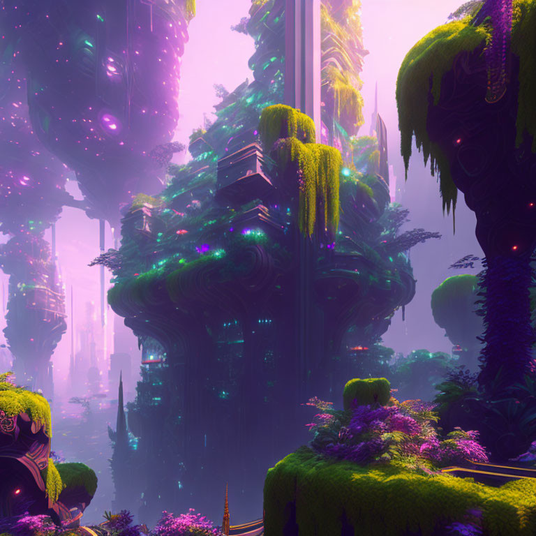 Neon-lit forest with floating islands and ancient structures