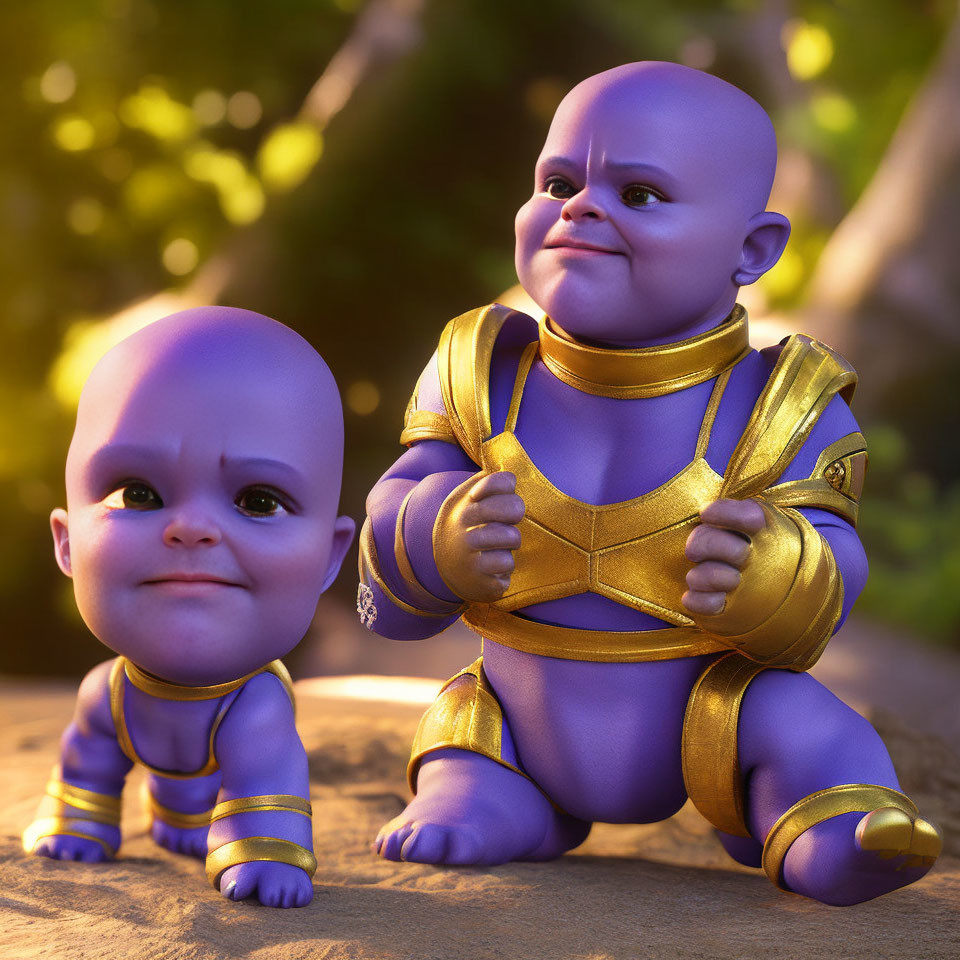 Purple-skinned animated babies in golden superhero outfits in sunlit forest pose