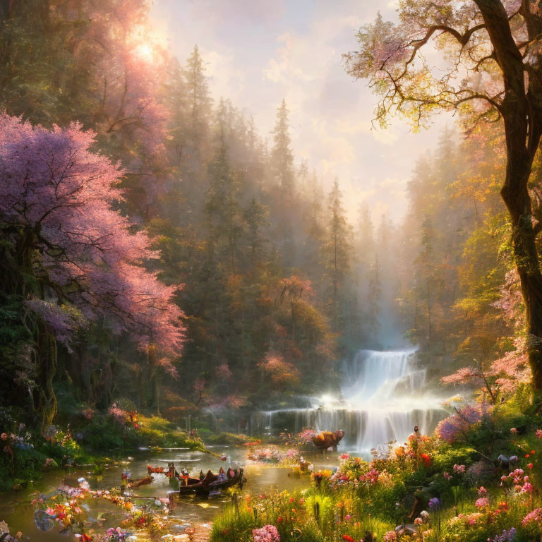 Tranquil waterfall in lush forest with pink trees, river boats, and colorful flowers