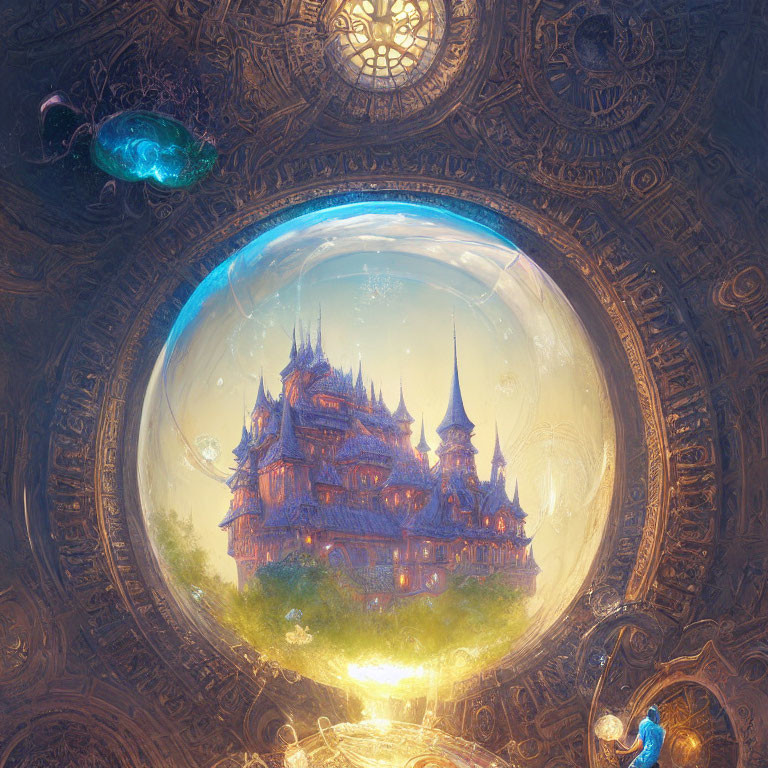 Enchanting castle in luminous bubble with mystical surroundings