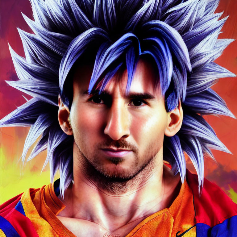 Man with Anime-Inspired Hairstyle on Fiery Background wearing Sports Jersey