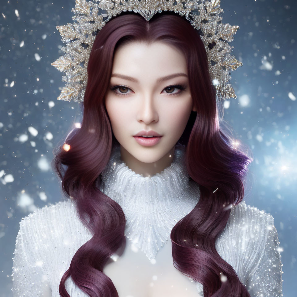 Digital artwork of woman with long wavy purple hair, crown, white dress, snowy background