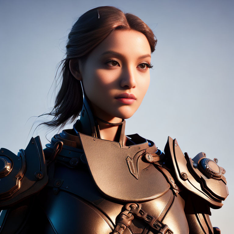 Futuristic digital portrait of Asian woman in armor against soft-lit backdrop