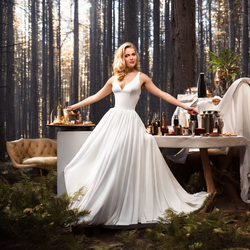Woman in white gown at forest outdoor event with drinks.