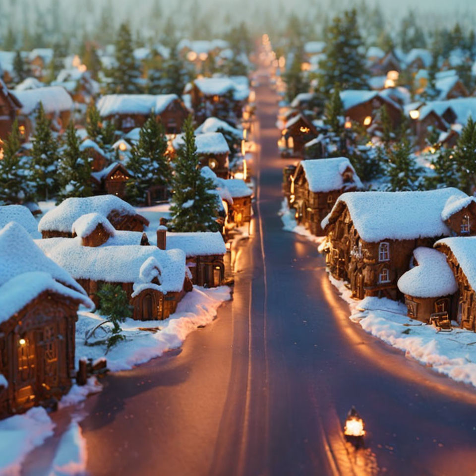 Snowy Village with Illuminated Houses Creating Warm Festive Atmosphere