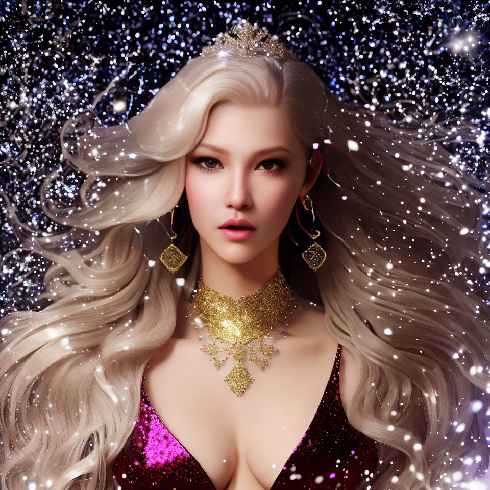 Platinum blonde woman portrait with gold jewelry on starry night background