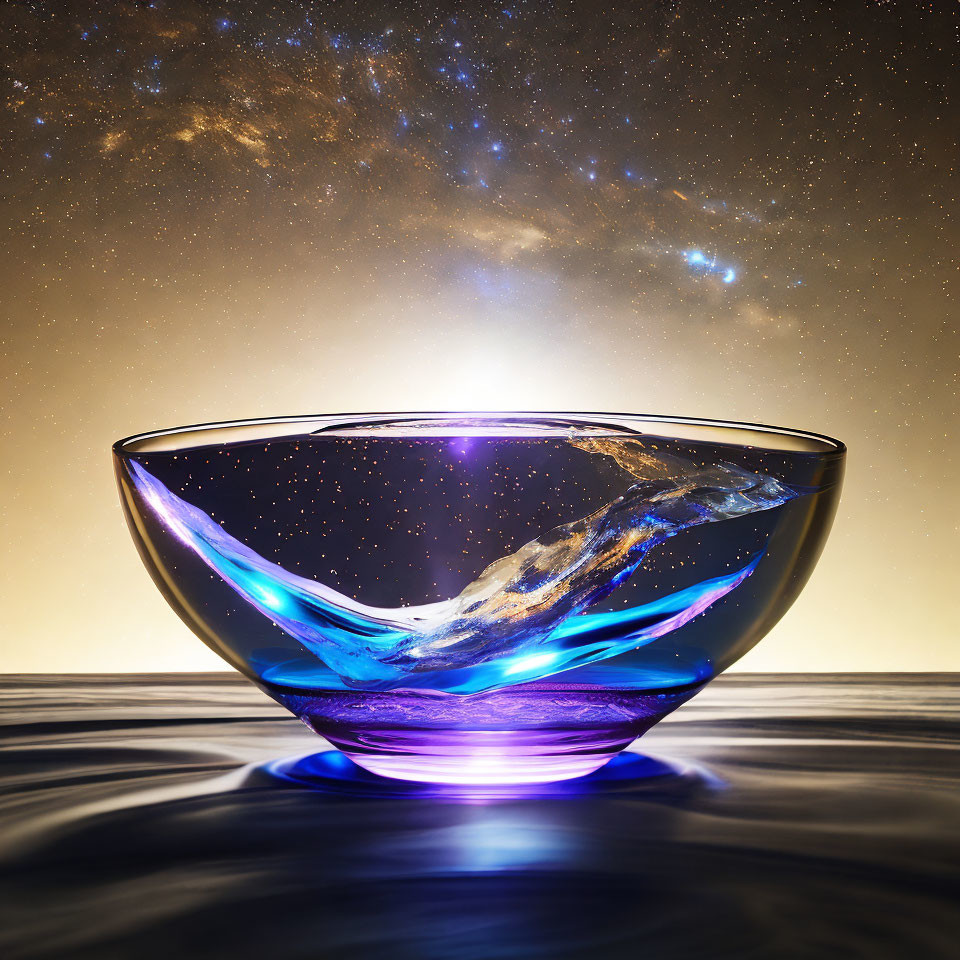 Translucent bowl with galaxy reflection on celestial backdrop