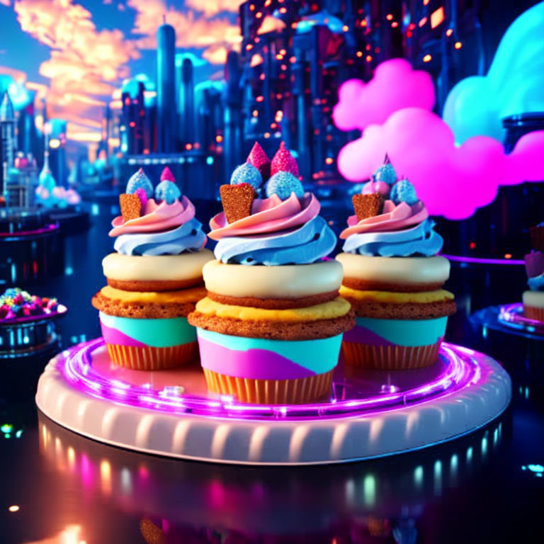 Vibrant cupcakes with whipped cream and berries on glowing platform