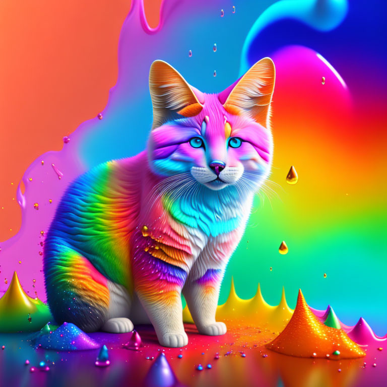 Colorful Rainbow Cat Against Psychedelic Liquid Background