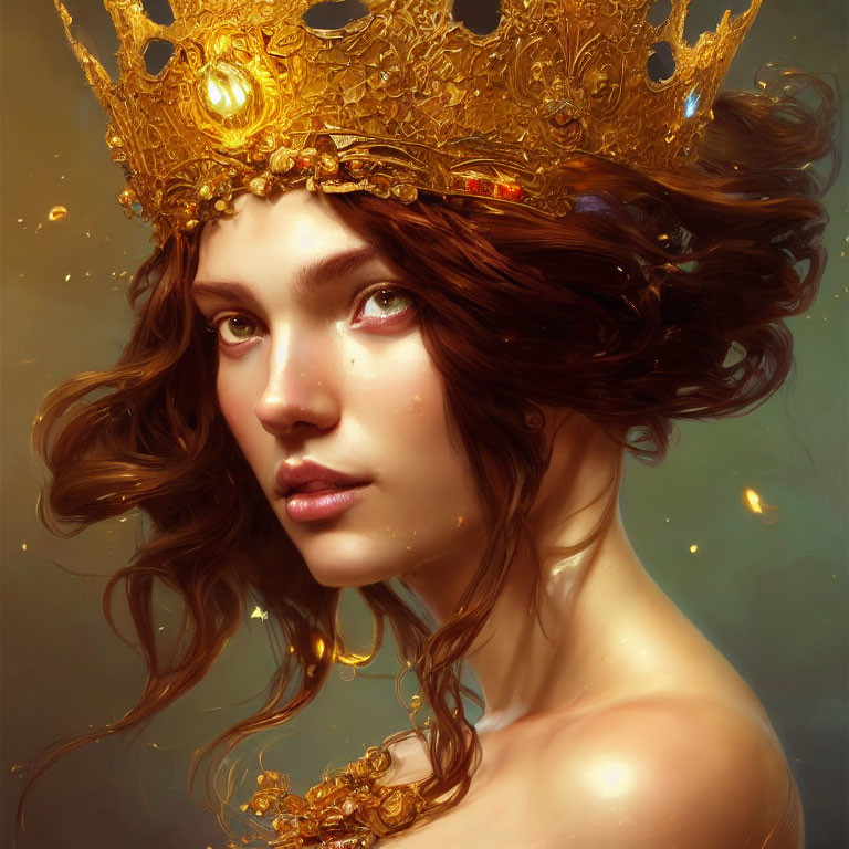Woman with flowing brown hair and green eyes wearing ornate golden crown and glowing particles.