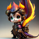 Fantastical creature figurine: feline features, flame-like ears, green eyes, ornate