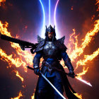 Fantasy warrior in elaborate armor with glowing blue swords amidst flames and lightning.