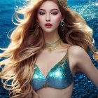 Curly golden-haired woman in glamorous makeup and jewelry on blue watery backdrop