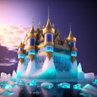 Fantastical ice castle with golden accents in wintry landscape