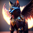 Majestic winged cat in golden armor with noble presence