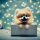 Fluffy Pomeranian Dog in Box with Gift on Sparkling Background