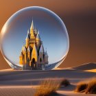 Transparent Sphere Encompassing Fantasy Castle in Desert Sunset