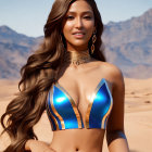 Woman in Metallic Blue and Gold Bikini Top in Desert Landscape