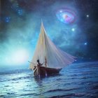 Sailboat under cosmic sky with nebulae and stars on dark sea