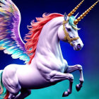 Mythical unicorn with shimmering body, golden horn, pink mane, and feathered wings on