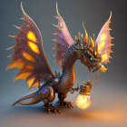 Fiery-winged dragon with glowing edges and spiky tail on dusky background