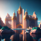 Ethereal fantasy castle in sunlight by tranquil lake