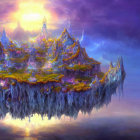 Fantasy landscape with floating islands, mystical structures, lush greenery, and purple sunset sky.