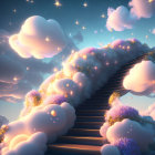 Whimsical stairway in glittering clouds under sunrise-tinted sky