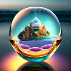 Crystal ball shows majestic castle with blue gem at sunset