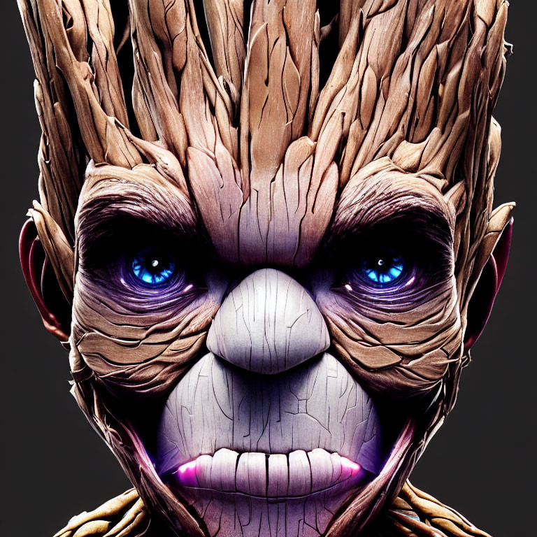 Detailed Close-Up of Humanoid Tree Character with Blue Eyes
