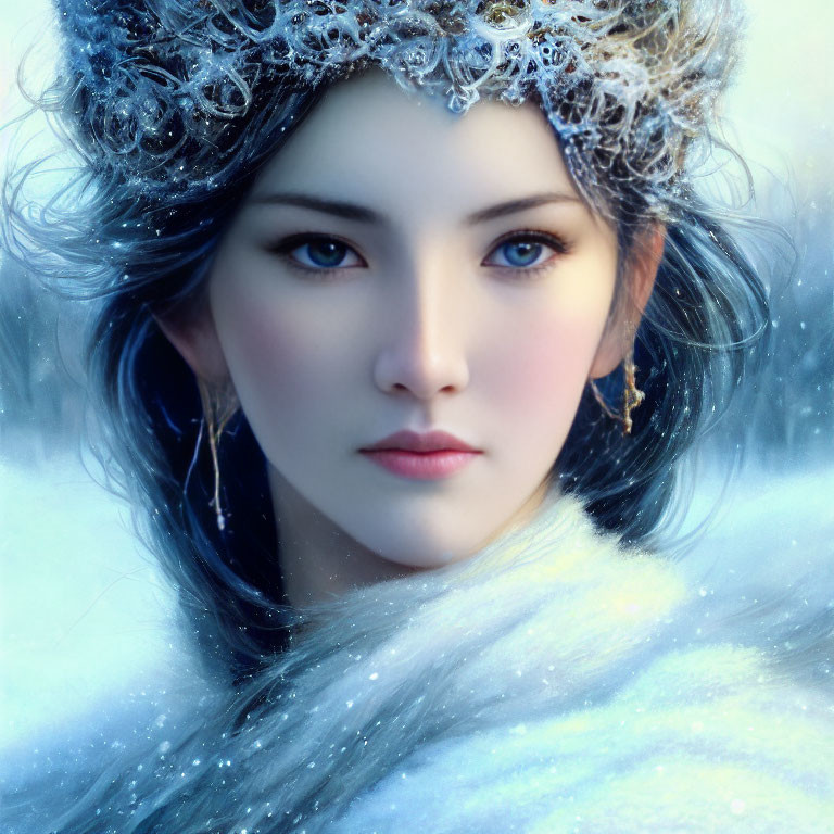 Digital portrait of woman with icy crown and snowflake-adorned fur, blue hair, frosty