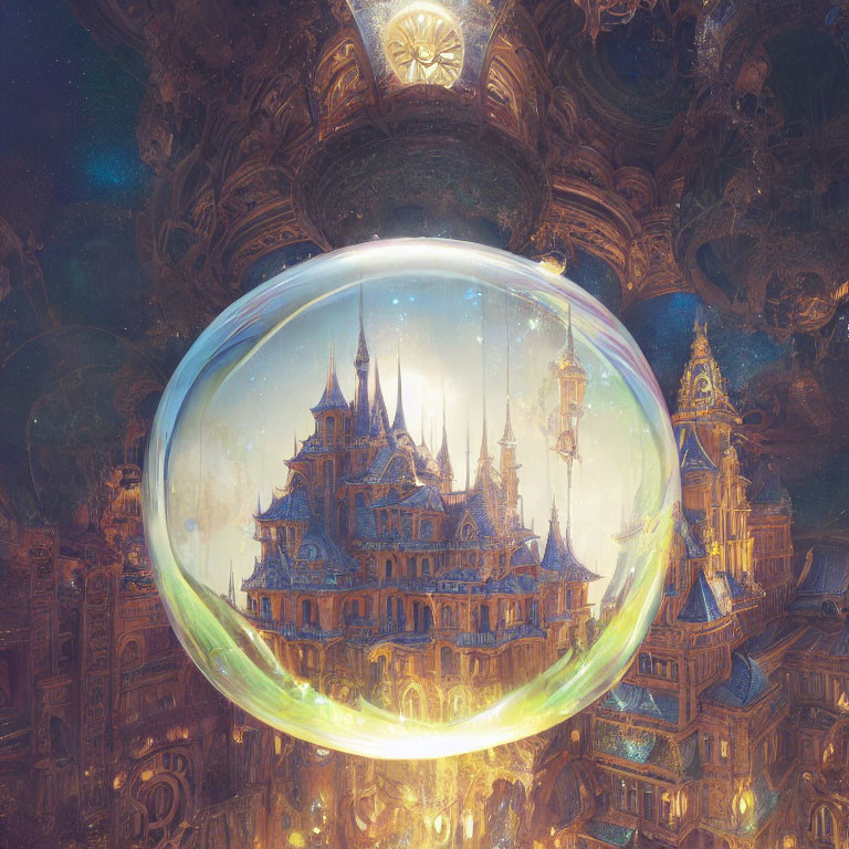 Golden castle in transparent bubble on celestial backdrop