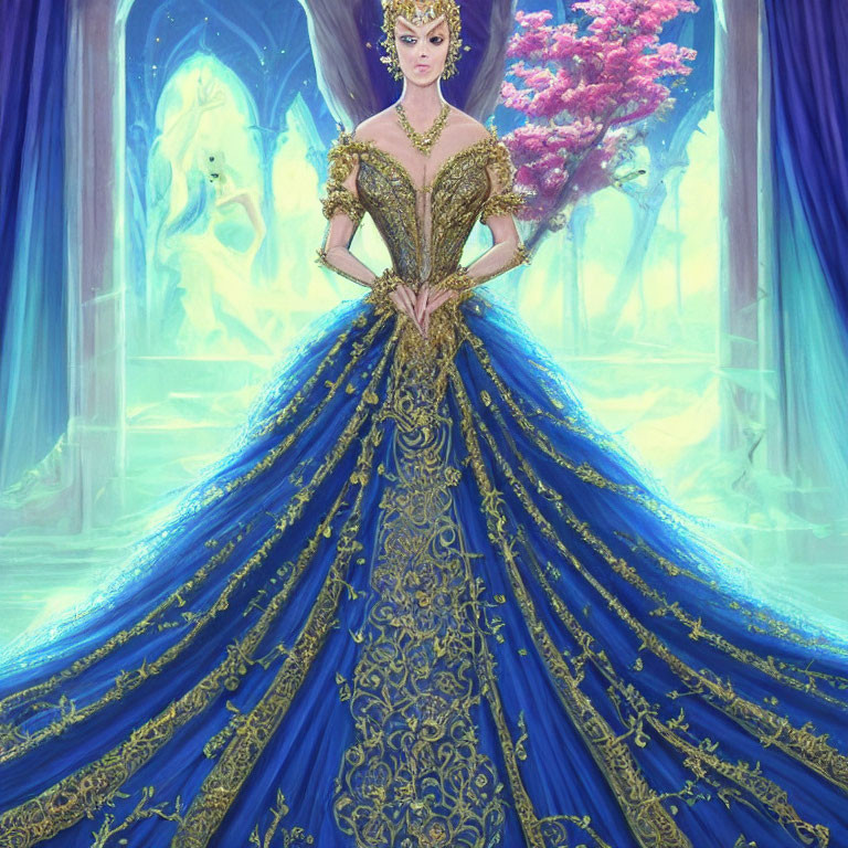 Illustrated woman in luxurious blue gown with golden embroidery and crown in grand hall