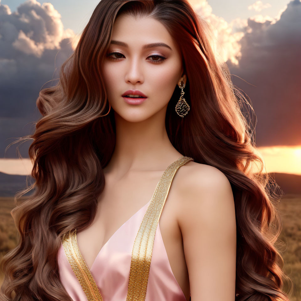 Long-Haired Woman in Pink Top Poses at Sunset
