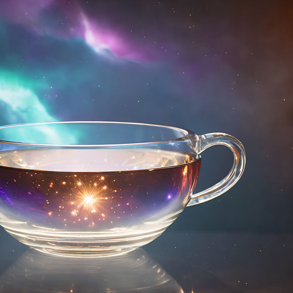 Transparent Cup of Tea with Cosmic Nebulae Against Galaxy Backdrop