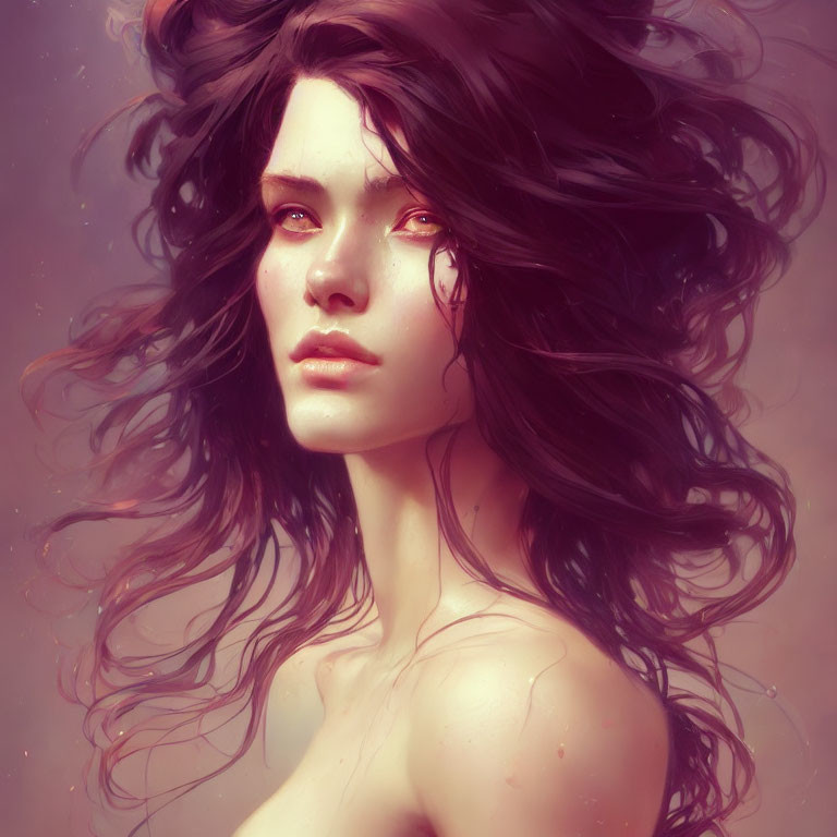 Dark-haired woman with red eyes in ethereal pink glow