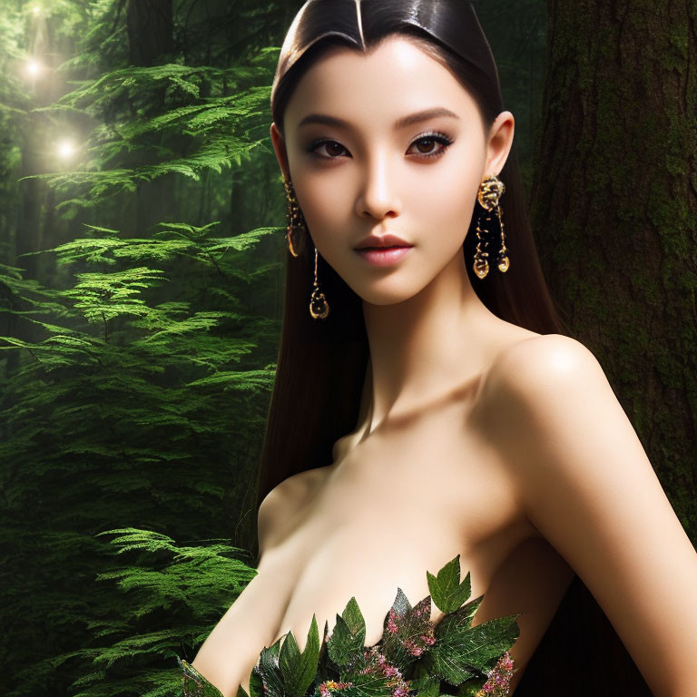 Digital Portrait of Woman with Sleek Hair and Elegant Earrings in Lush Green Forest Setting