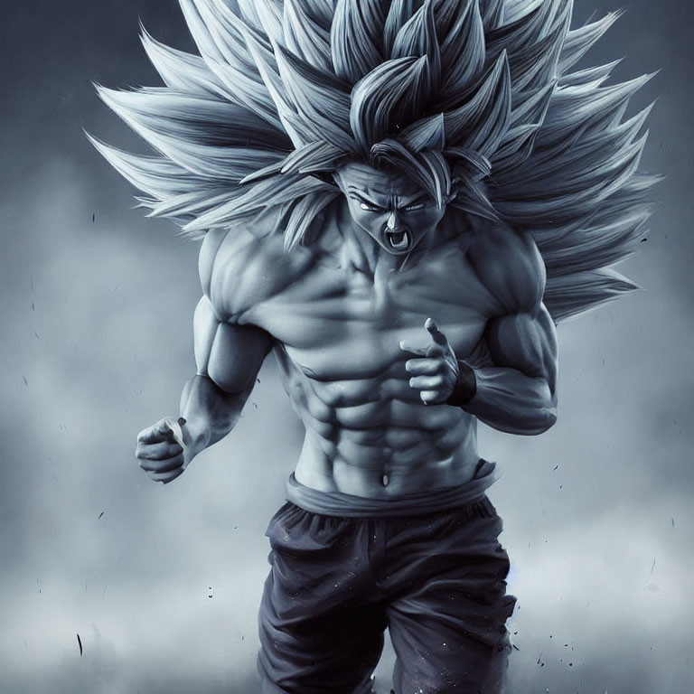 Muscular animated character with spiky hair in dynamic pose against stormy backdrop