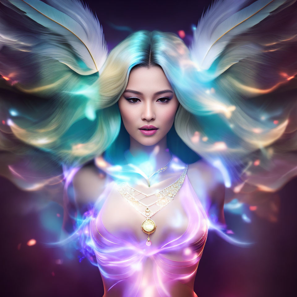 Woman with Glowing Multicolored Wings and Ethereal Lights Portrait