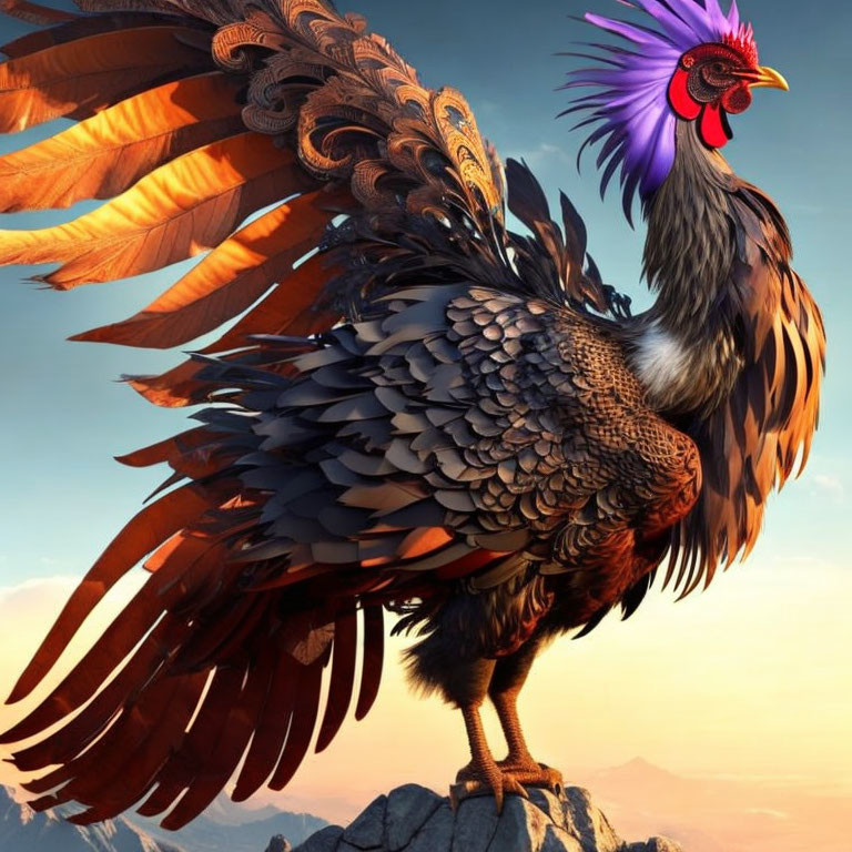Colorful Rooster on Rocky Peak Against Blue Sky