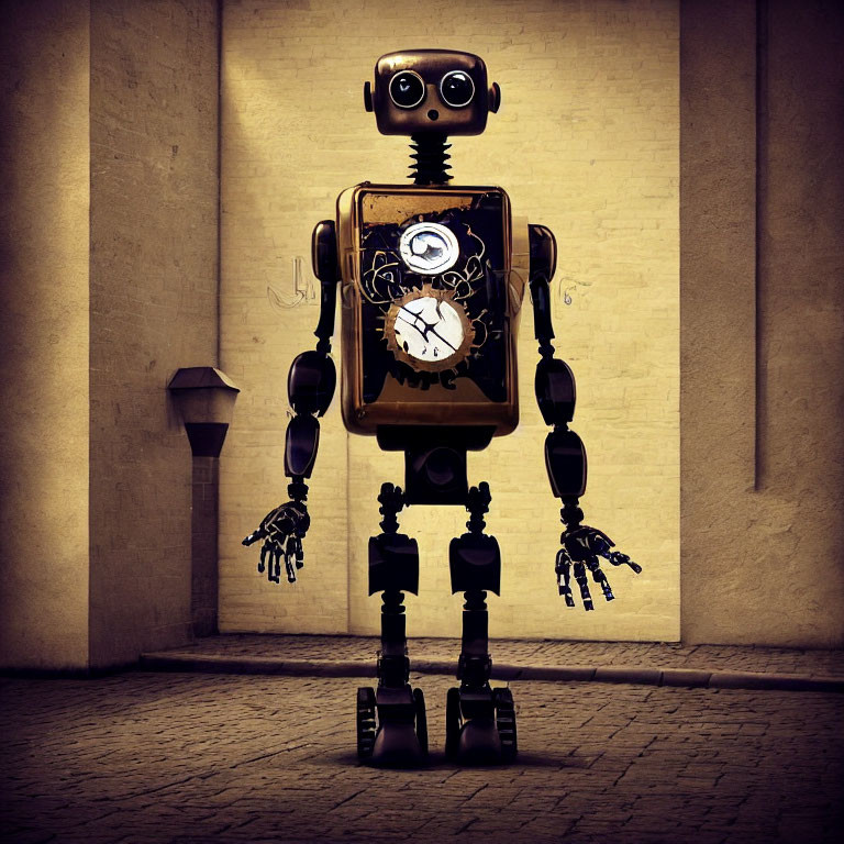 Vintage-Style Robot with Large Head and Gears in Dimly Lit Corridor