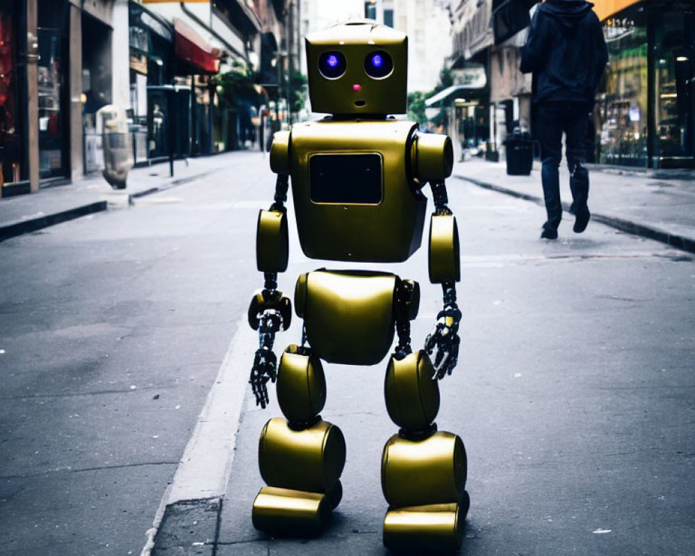 Gold-Colored Humanoid Robot in City Street with Buildings and Pedestrian