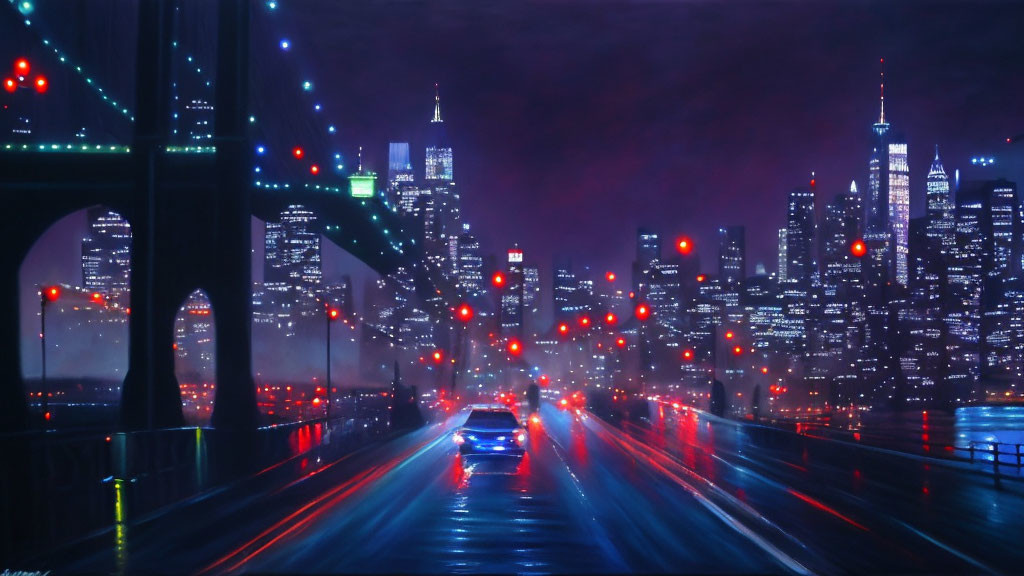City bridge at night with vehicles, streetlights, skyline, and colorful lights.