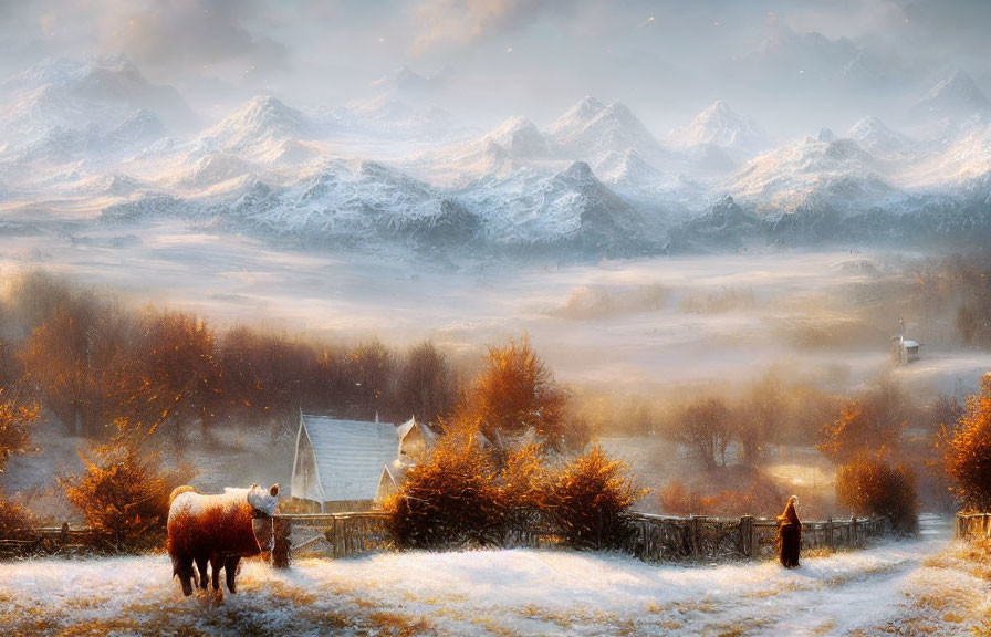 Snowy winter landscape with horse, cottage, trees, and mountains in warm light