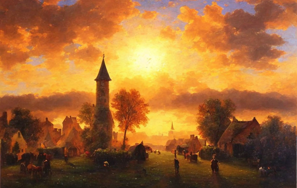 Colorful sunset scene of a village with church spire