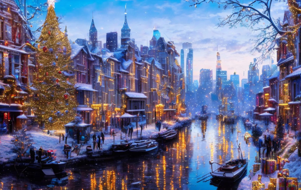 Winter Cityscape: Snowy streets, festive decorations, canal boats, and twilight snowfall