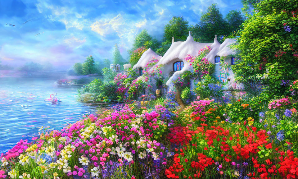 Colorful Cottage by River Surrounded by Lush Flowers